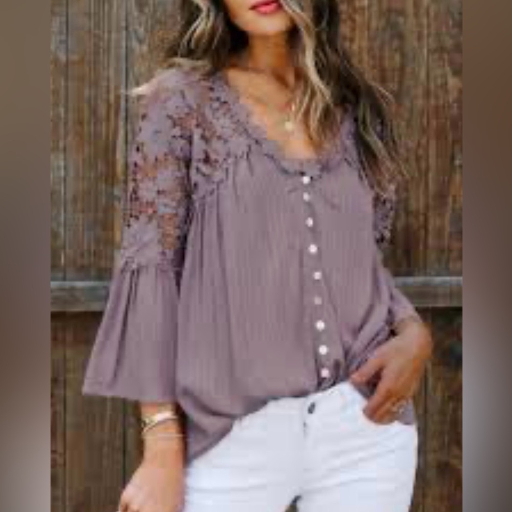 Lavender Lace Detail Back Boho Button Closure Sleeve Blouse Romantic & Chic - Picture 3 of 6